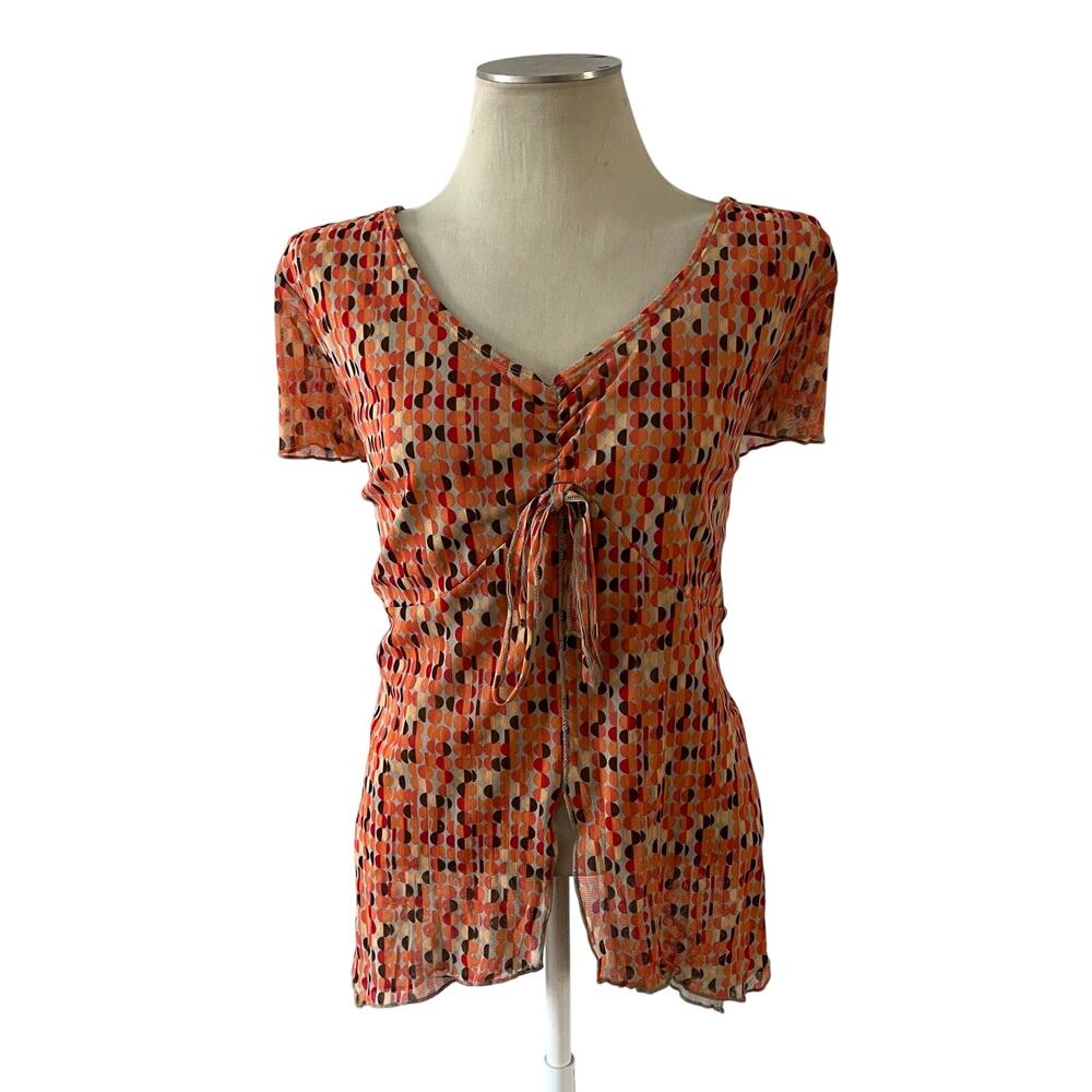 Y2K 2000s Orange Dot Mesh Baby Doll Top Plus Sz Wmns 2X Stretchy Bow